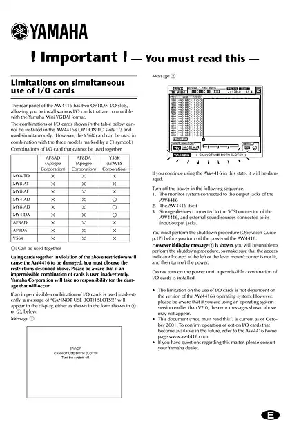 yamaha雅马哈AW4416 Limitations on I_O cards